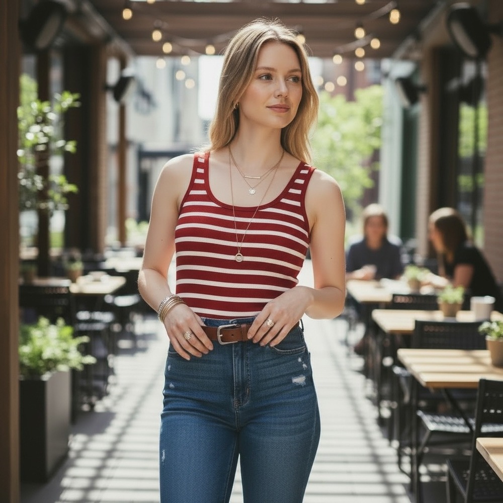 Gap Womens XS Red White Striped Ribbed Scoop Neck Tank Top Slim Fit Sleeveless